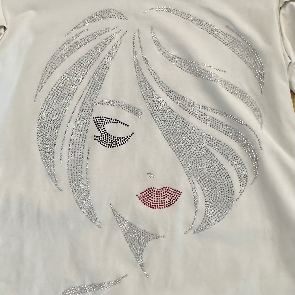 Step NY White Rhinestone Face Graphic Top Faux Leather Ruffle Sleeve Unique FLW